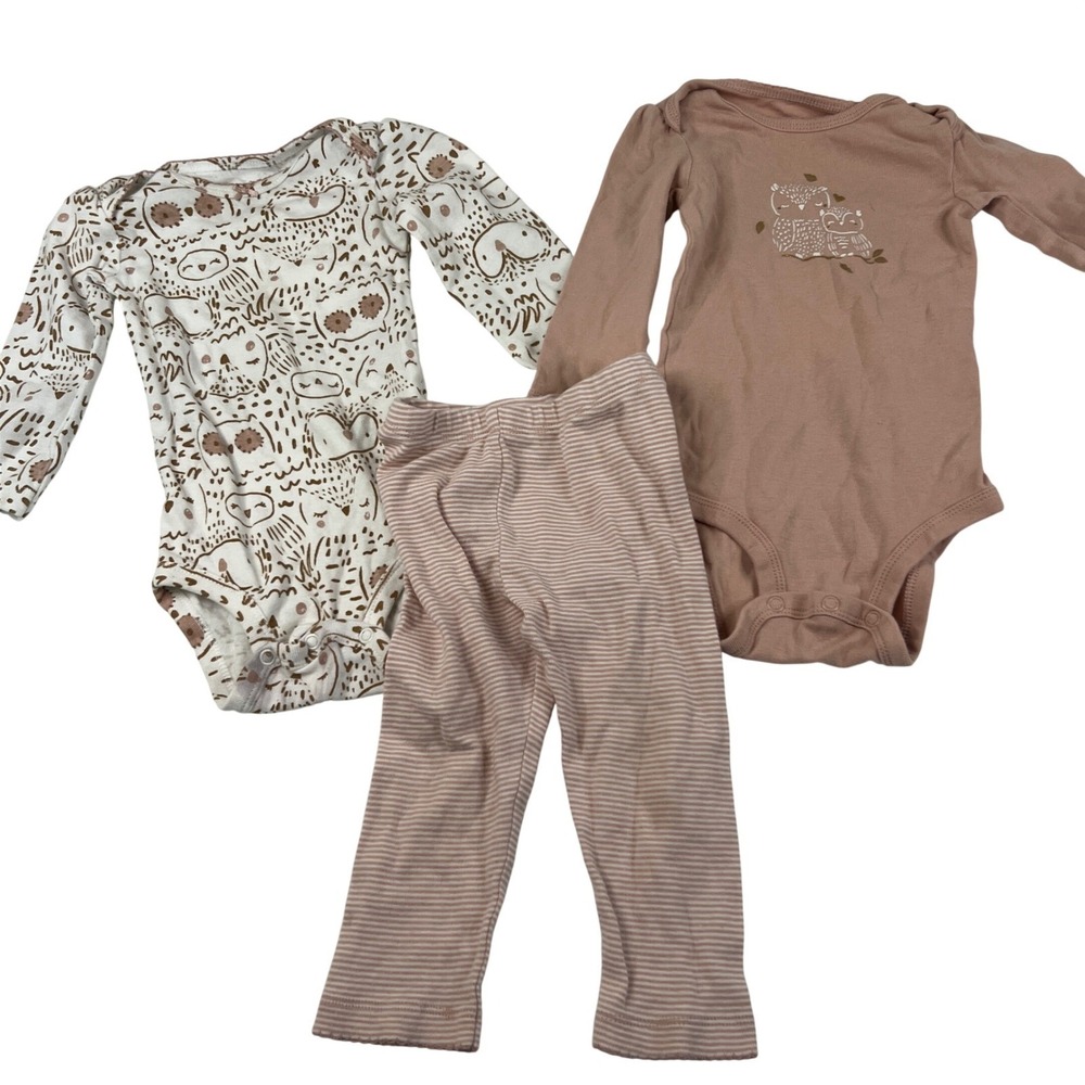 Carters Baby Girl 12M Owl Woodland 3 Piece Set‎ Pink Cream Long Sleeve Bodysuits